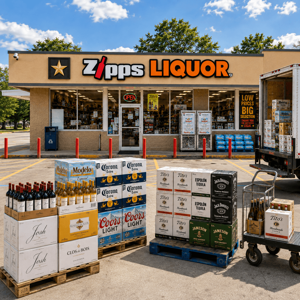 Cases of beer, wine, and spirits staged for a bulk order pickup at Zipps Liquor