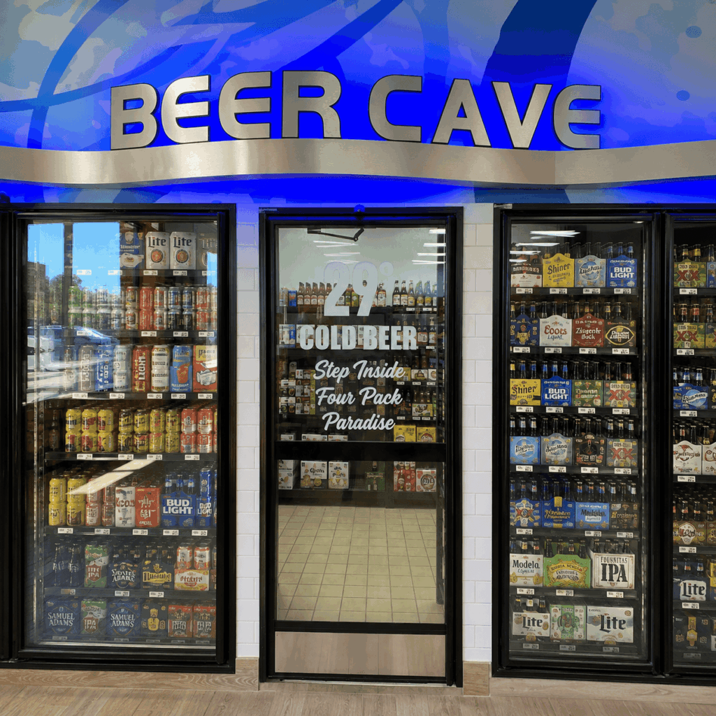 Zipps Beer Cave, Craft Beer Selection Across 35+ Texas Stores Zipps Liquor Beer Cave entrance with glass-door coolers stocked with assorted beer and a 29° Cold Beer sign.