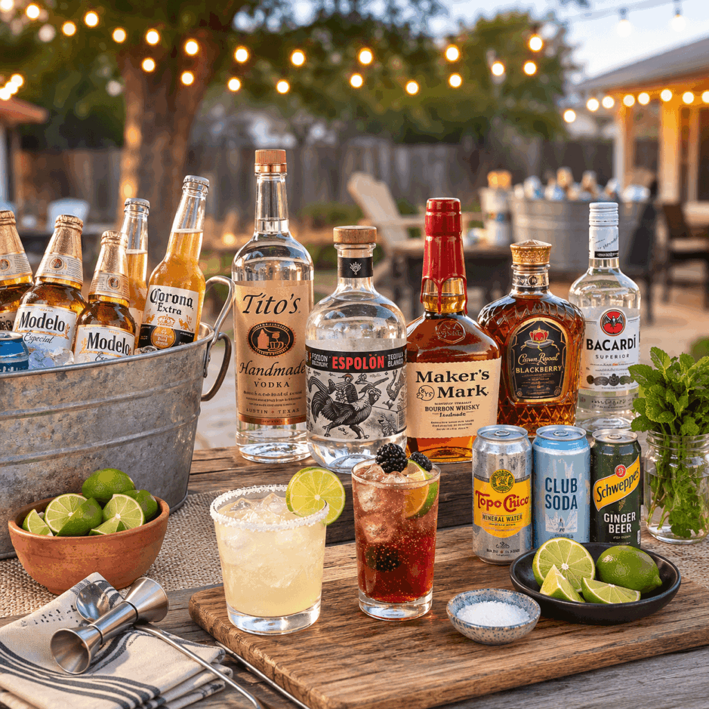 A stocked event bar setup with spirits, mixers, and glassware for a wedding reception
