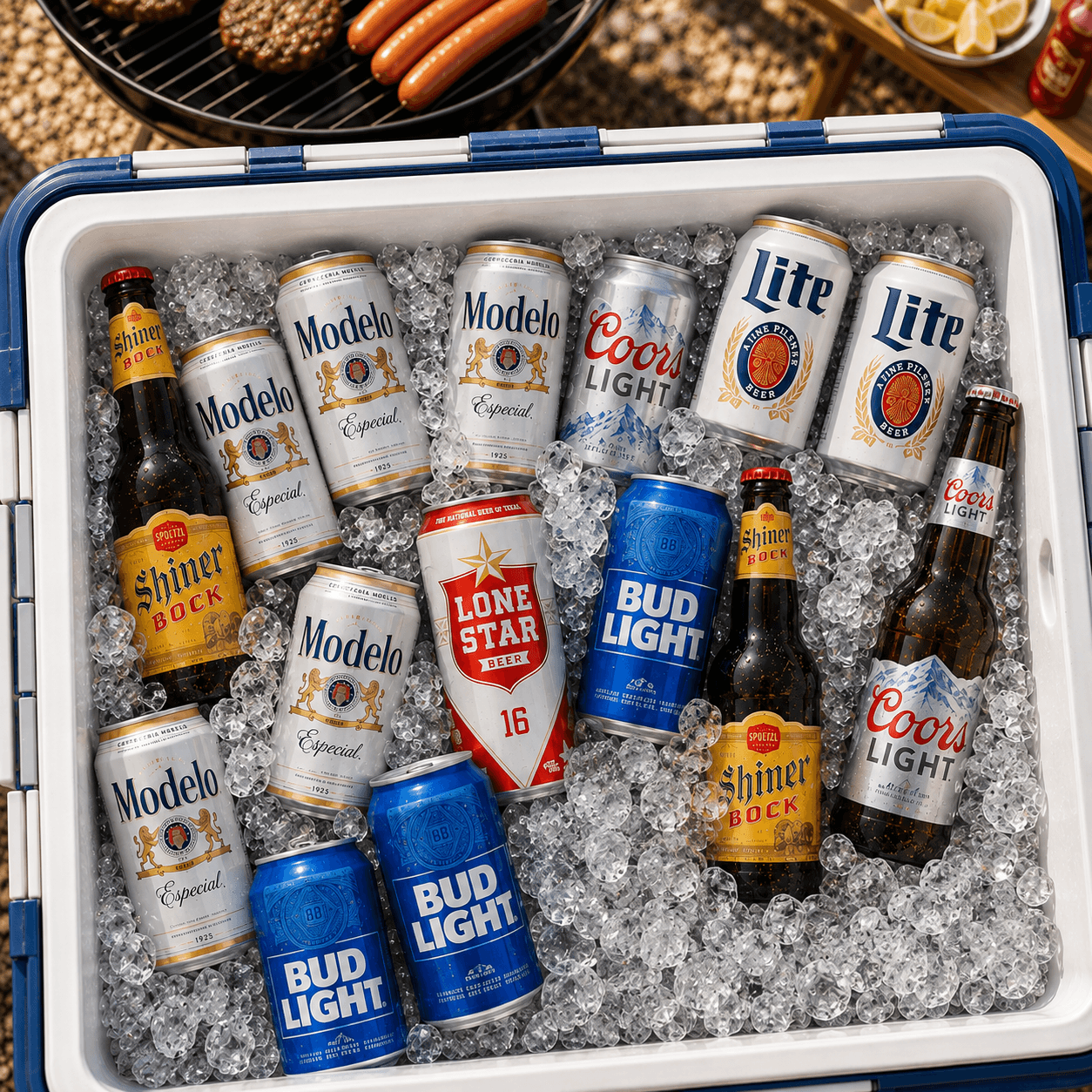 A cooler packed with ice and a variety of beer cans and bottles for a Labor Day BBQ