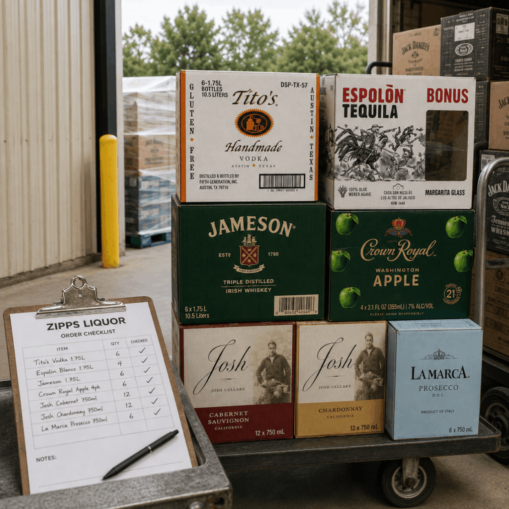 Cases of wine and spirits ready for wedding venue delivery near Spring, TX 