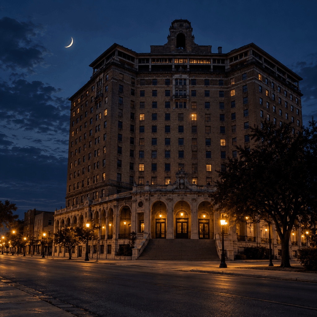 The Haunted History of Mineral Wells' Baker Hotel The Baker Hotel tower viewed from a downtown Mineral Wells street at night with a crescent moon overhead
