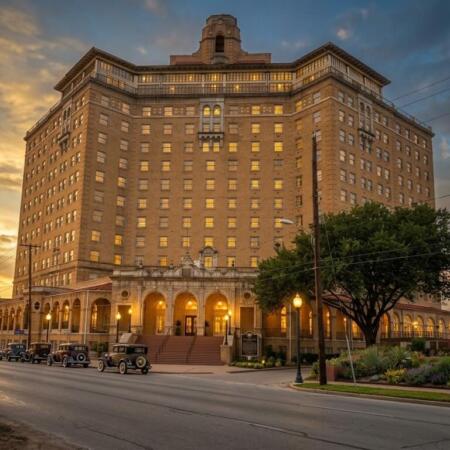 The historic Baker Hotel tower rising over downtown Mineral Wells, Texas at dusk