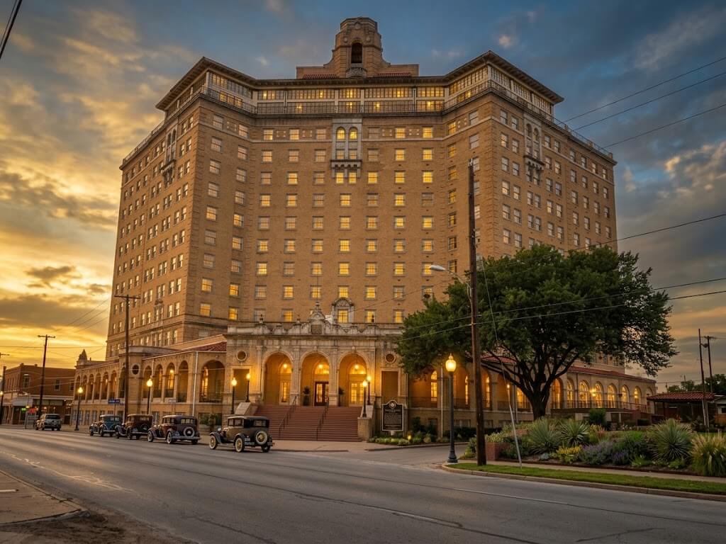 The historic Baker Hotel tower rising over downtown Mineral Wells, Texas at dusk