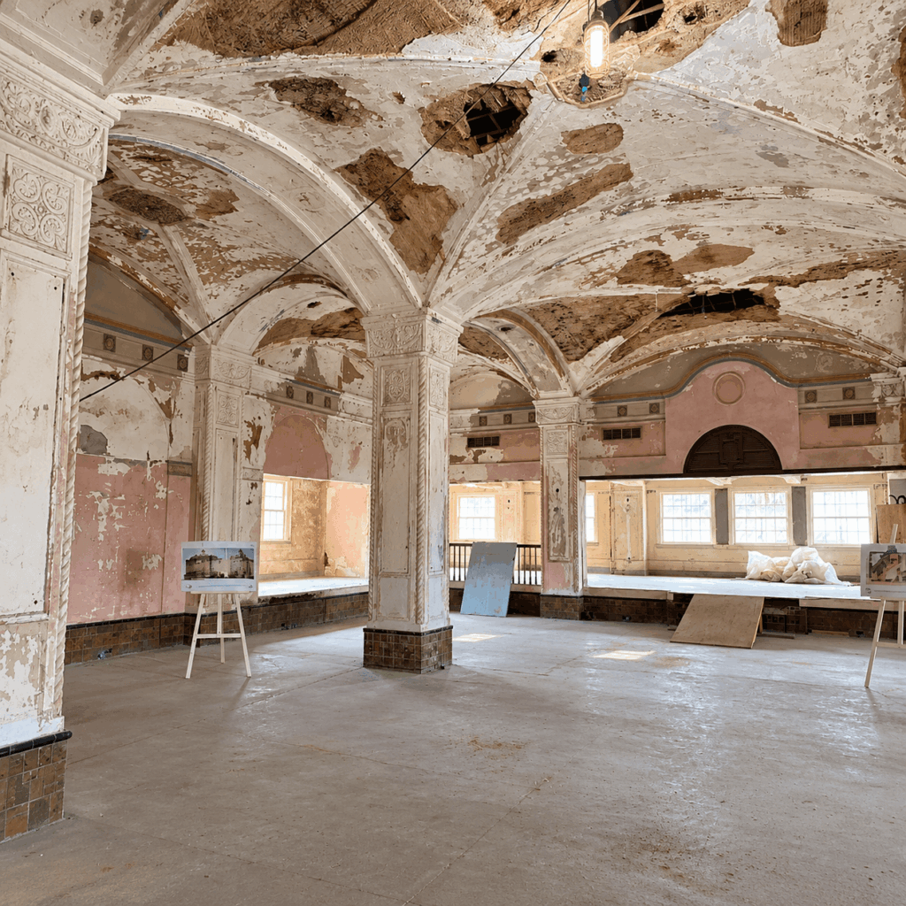 The Haunted History of Mineral Wells' Baker Hotel Dimly lit abandoned hotel corridor with peeling wallpaper and old furniture, evoking the historic Baker Hotel's decades of vacancy