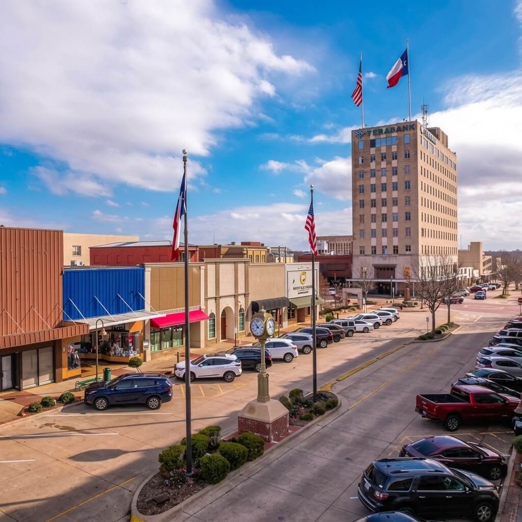 Zipps Marshall: Liquor Store Near Longview, TX Along I-20 Daytime view of downtown Longview Texas with historic storefronts, parked cars, and the Veterans Plaza building