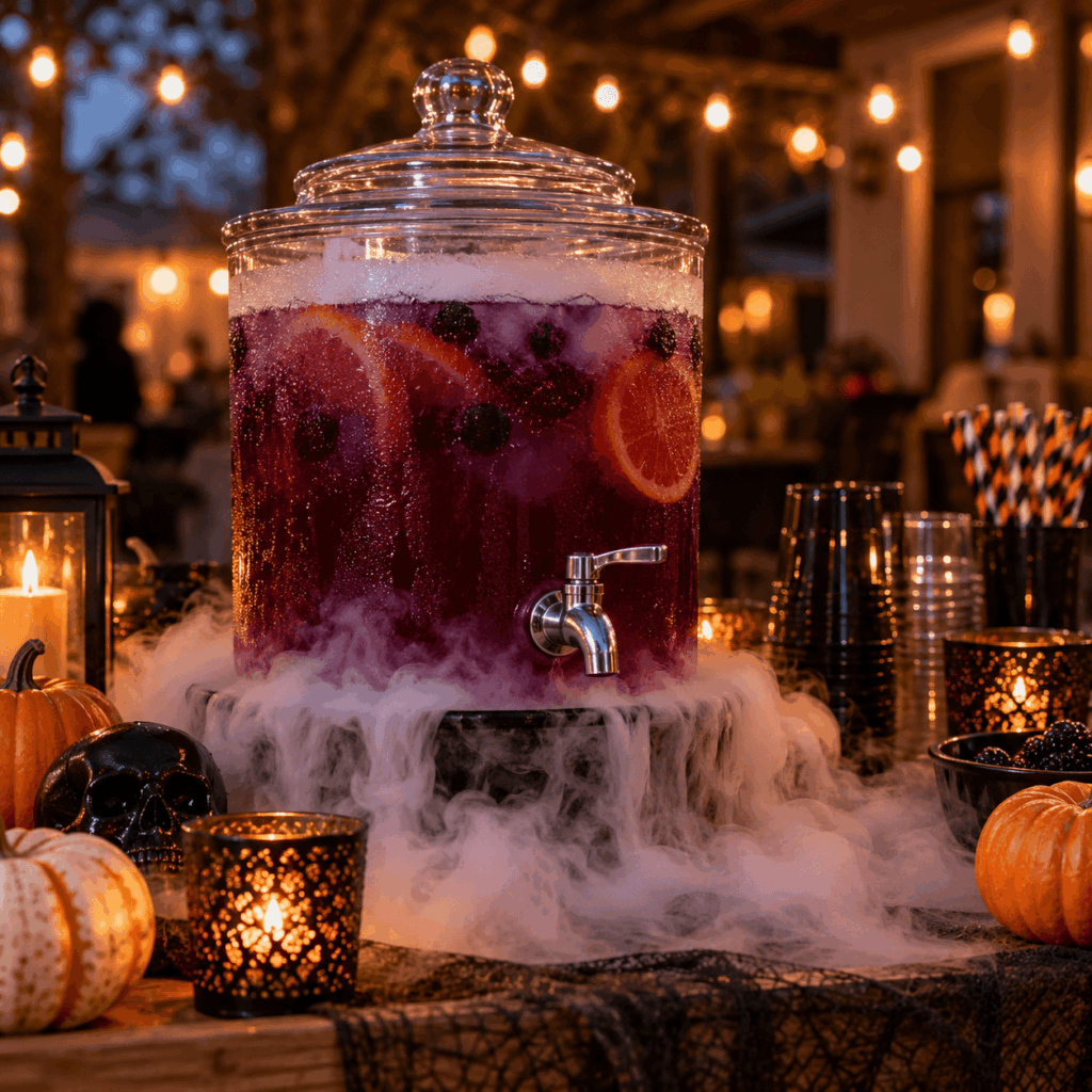 Large glass beverage dispenser filled with dark purple witch's brew punch garnished with dry ice fog on a Halloween party table 