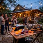 Halloween party table with orange and black cocktails, pumpkins, and string lights in a Texas backyard setting
