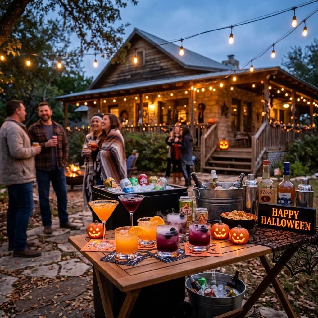 Halloween party table with orange and black cocktails, pumpkins, and string lights in a Texas backyard setting