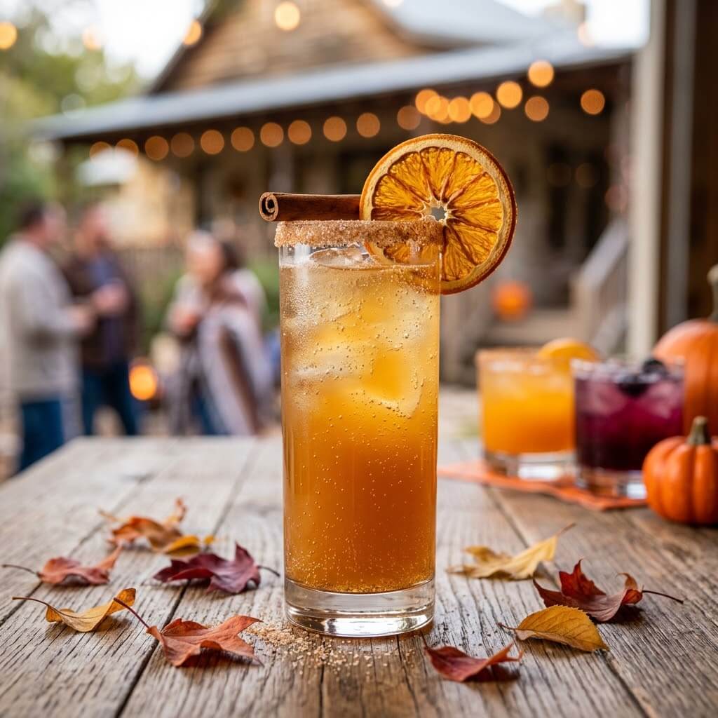 Non-alcoholic mocktail in a glass with a cinnamon sugar rim and a dried orange wheel garnish, styled for a Halloween party table 