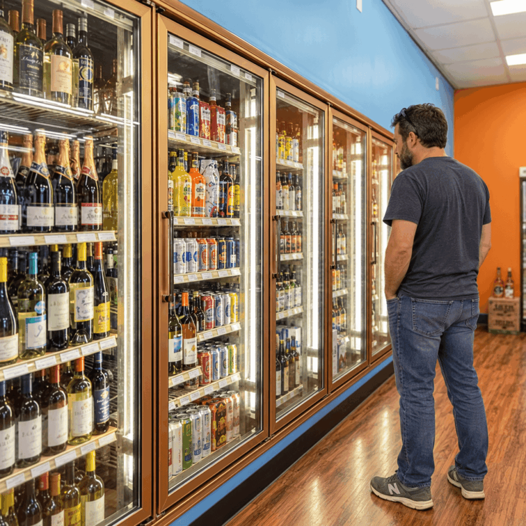 Shopper browsing a hemp beverage cooler section in a Texas liquor store 