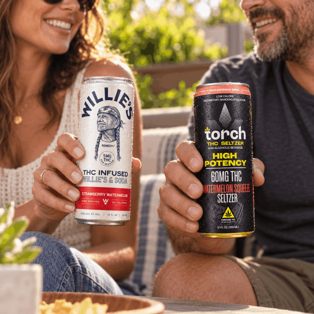  Close-up comparison of THC beverage can labels showing milligram strength and flavor information 
