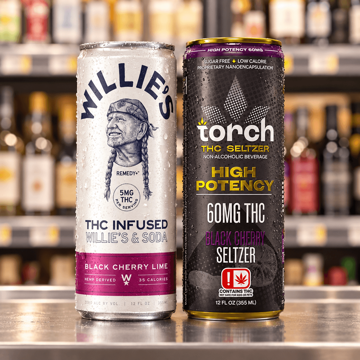 Two hemp-derived THC beverage cans side by side