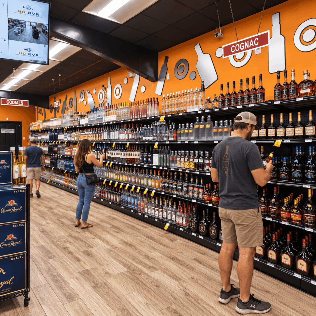 Customer browsing spirits shelf at Zipps Liquor store in Center, Texas 
