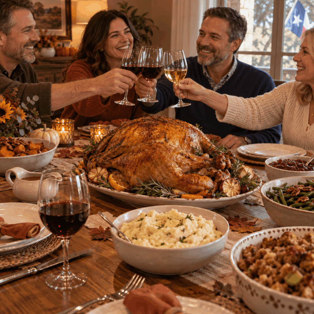 Family toasting with wine glasses around a Texas Thanksgiving table with roasted turkey and side dishes.
