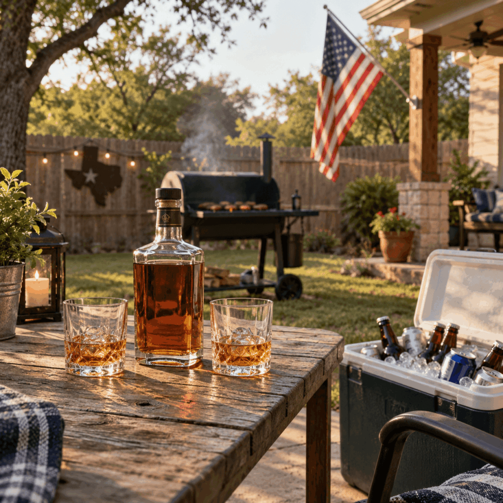 Cooler of beer and a bottle of bourbon set up for a Texas Veterans Day cookout