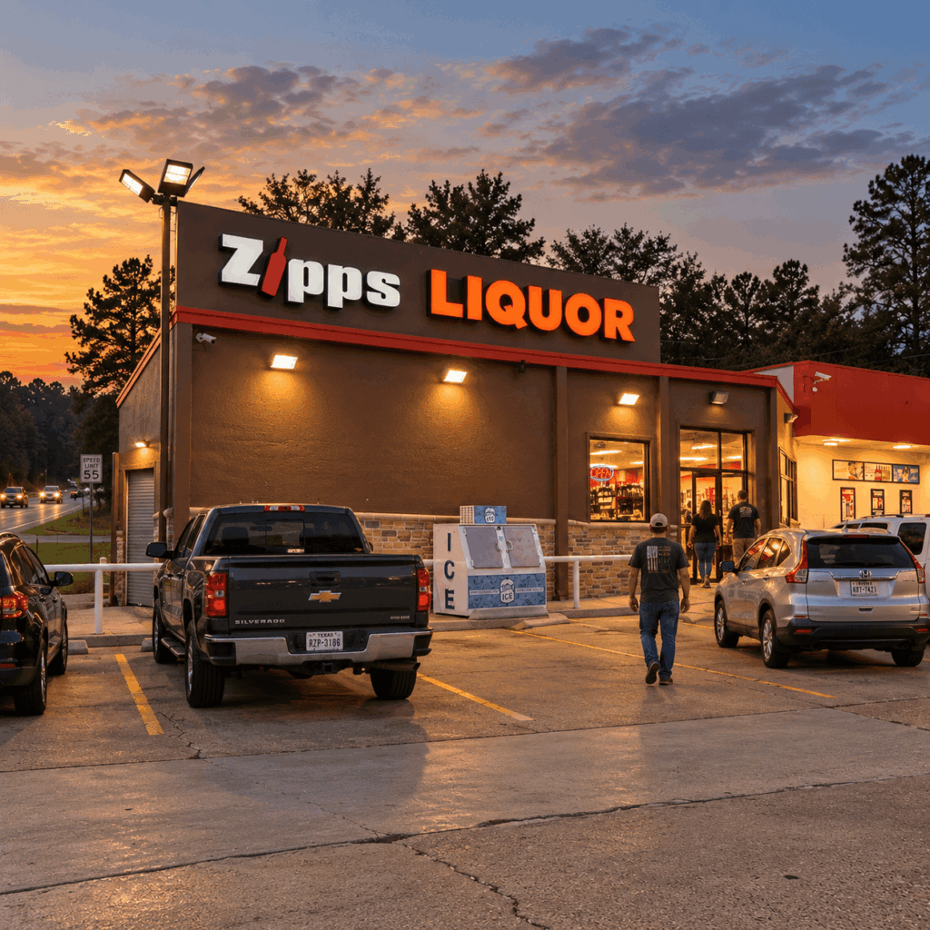 Zipps Winona: Liquor Store Near Lindale, TX Zipps Liquor storefront in Winona, Texas lit up in the early evening
